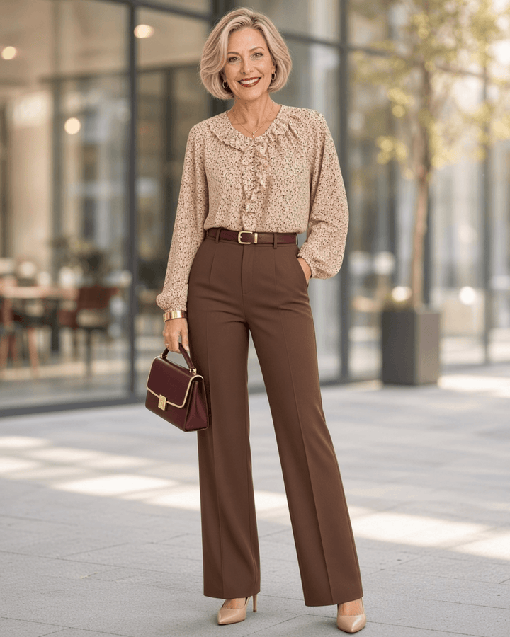 Made in USA. Renee cream botanical print blouse with a ruffled V-neck, balloon sleeves and bubble hem. Lightweight woven style for casual or dressy days.