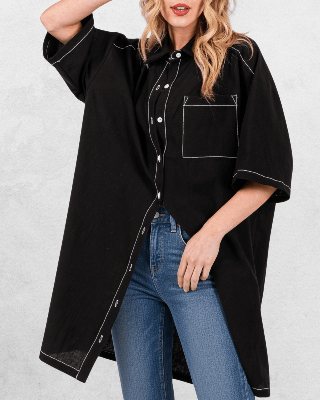 Made in USA Women's Oversized Black Shirt Dress with White Stitch Detail, Front Pocket, Button Down, Collared | Classy Cozy Cool Made in America Boutique