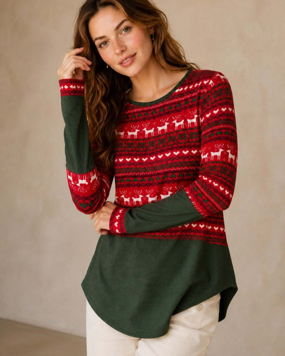 Made in USA Holiday Fair Isle Colorblock Top - Red: front view with hand in hair, cream pants