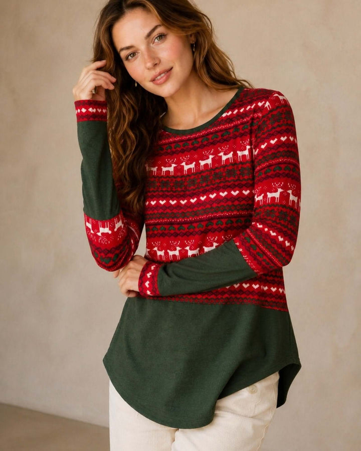 Made in USA Holiday Fair Isle Colorblock Top - Red: front view with hand in hair, cream pants