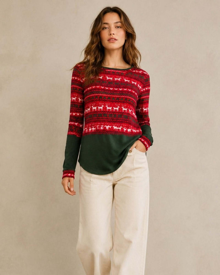Made in USA Holiday Fair Isle Colorblock Top - Red: full-length front view with cream wide leg pants