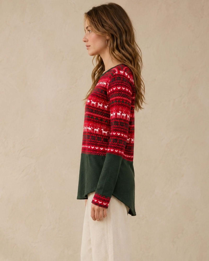 Made in USA Holiday Fair Isle Colorblock Top - Red: side profile showing curved green hem