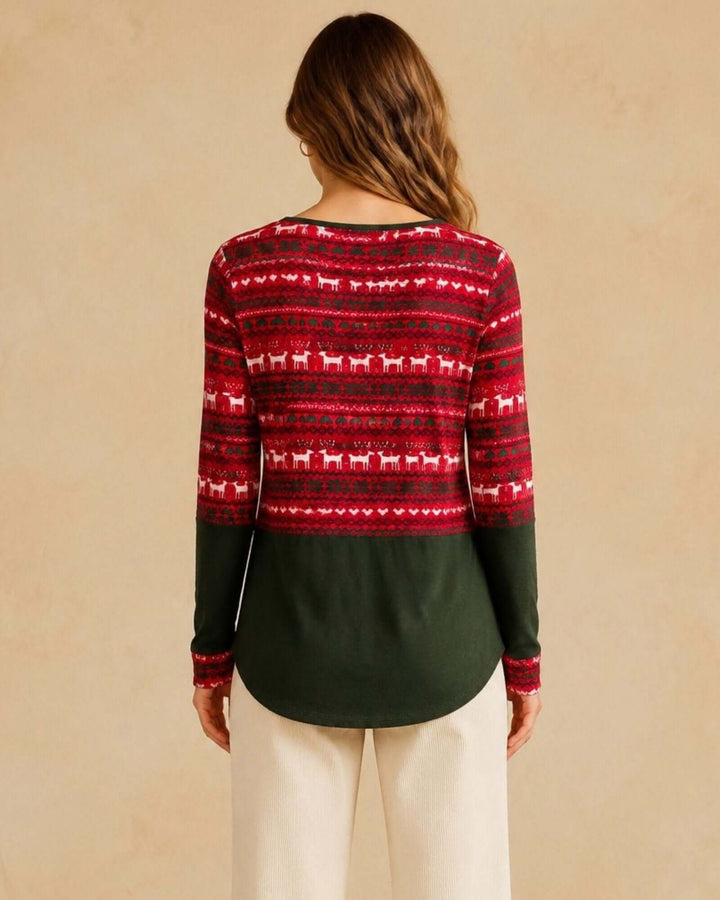 Made in USA Holiday Fair Isle Colorblock Top - Red: back view showing green colorblock and curved hem