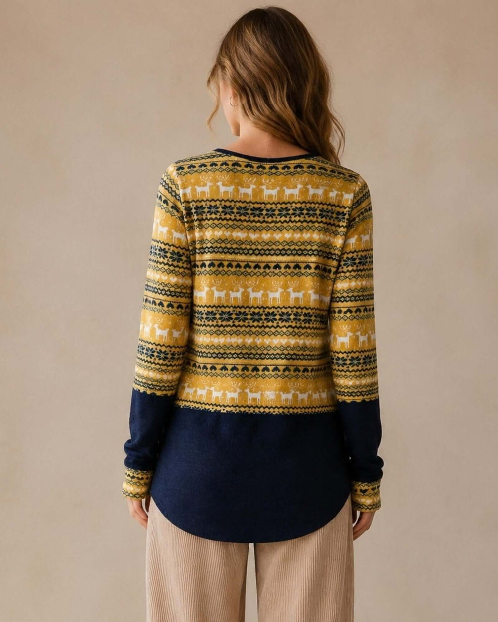 Made in USA Holiday Fair Isle Colorblock Top - Mustard: back view showing navy colorblock and curved hem