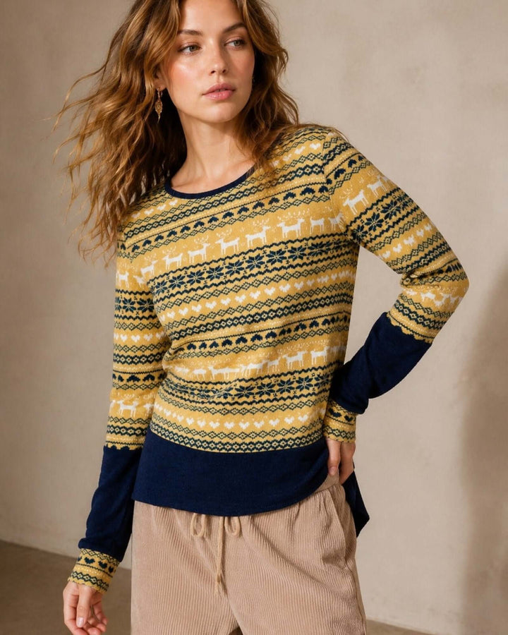 Made in USA Holiday Fair Isle Colorblock Top - Mustard: front view of deer and snowflake knit with navy hem