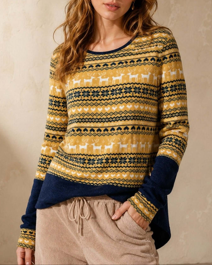 Made in USA Holiday Fair Isle Colorblock Top - Mustard: front view with hand in pocket of tan pants