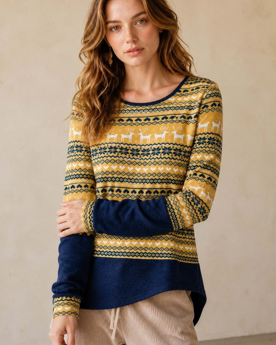 Made in USA Holiday Fair Isle Colorblock Top - Mustard: close front view of Fair Isle pattern and navy sleeves
