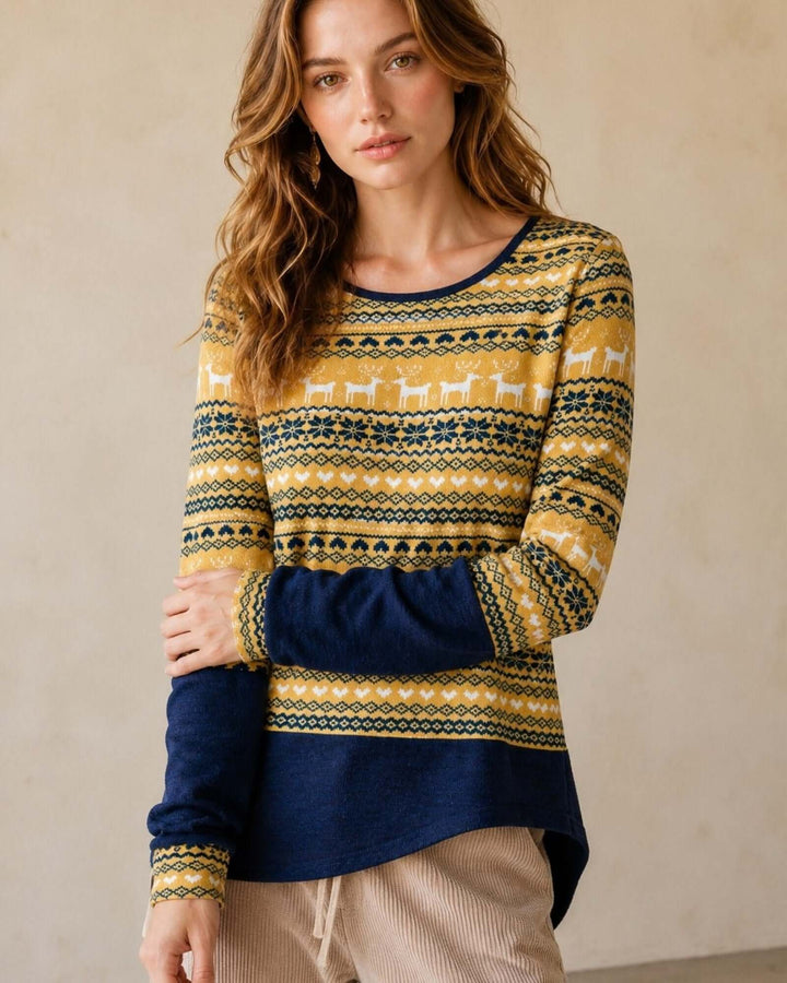 Made in USA Holiday Fair Isle Colorblock Top - Mustard: close front view of Fair Isle pattern and navy sleeves