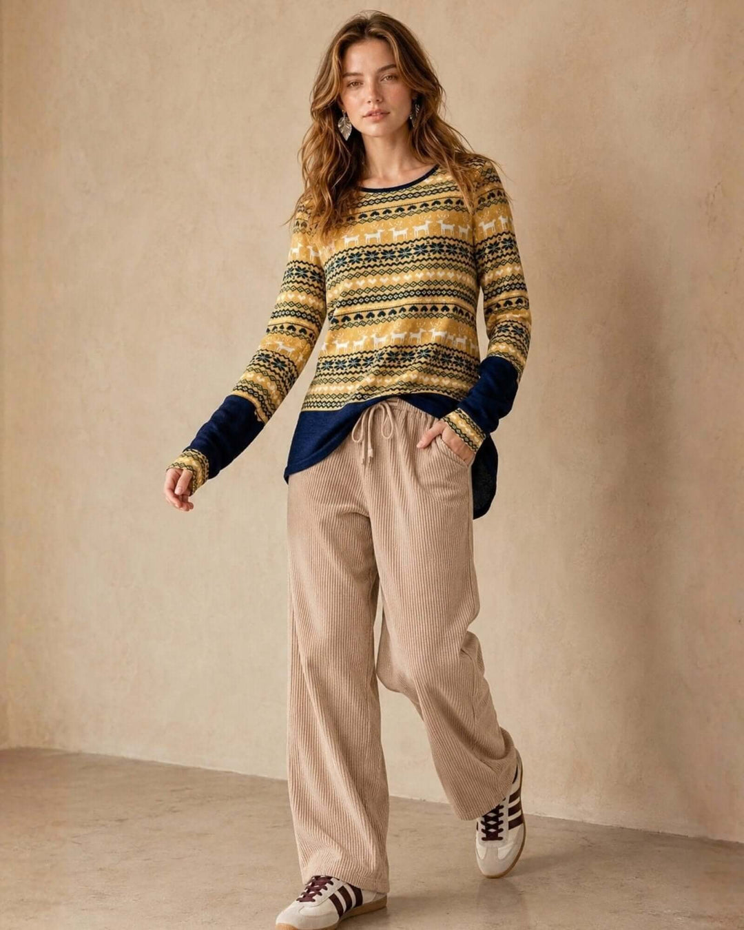 Made in USA Holiday Fair Isle Colorblock Top - Mustard: full-length look walking in tan pants and sneakers