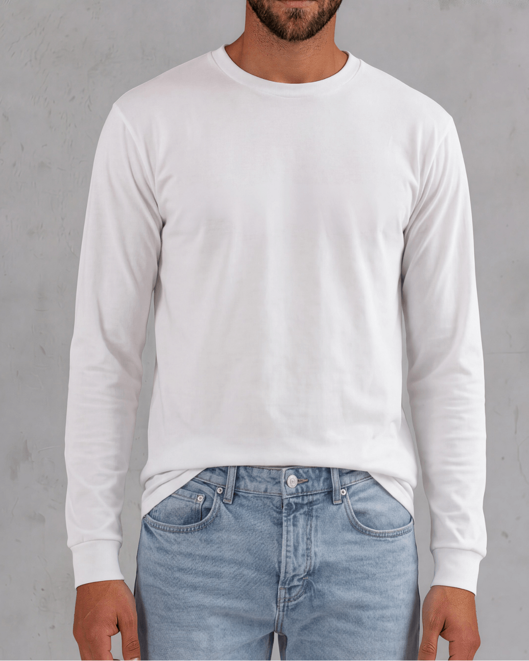 Men's long sleeve crew neck tee made in USA with 100% pre-shrunk cotton. Available in Black, White & Navy. Medium weight, ribbed cuff.