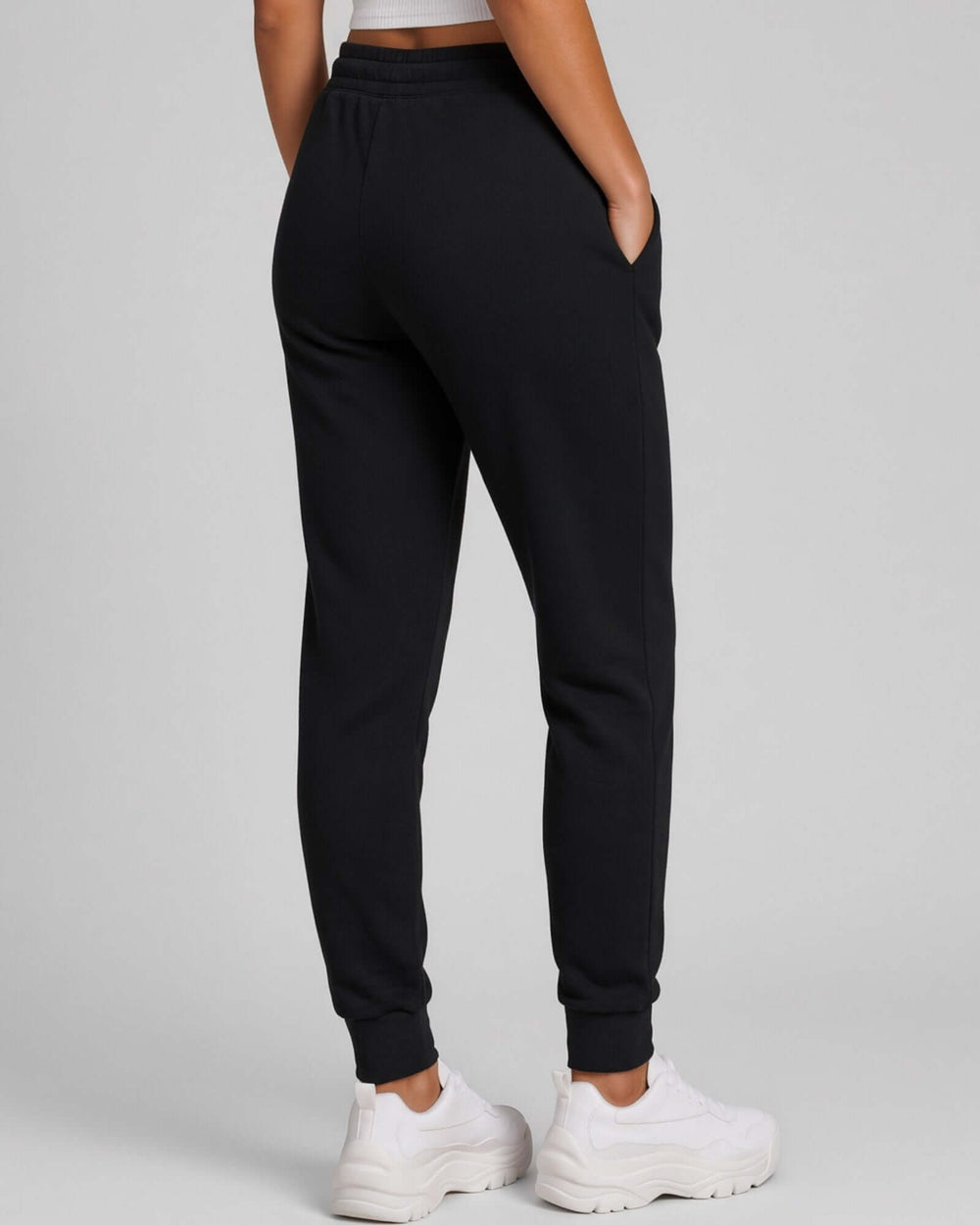 Made in USA women's tri black tri-blend French terry jogger pants with drawcord waist, back view