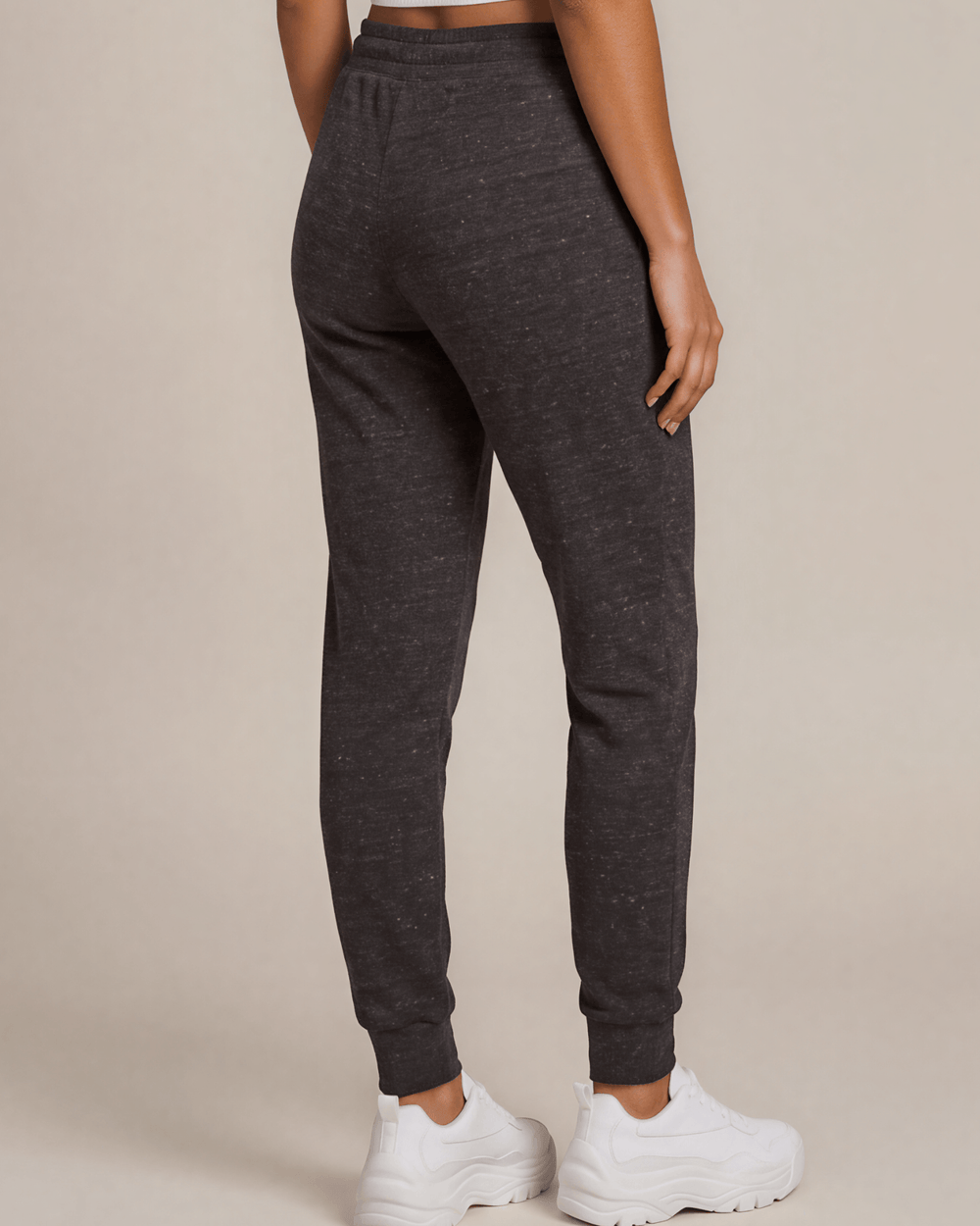 Made in USA women's tri onyx tri-blend French terry jogger pants with drawcord waist, back view