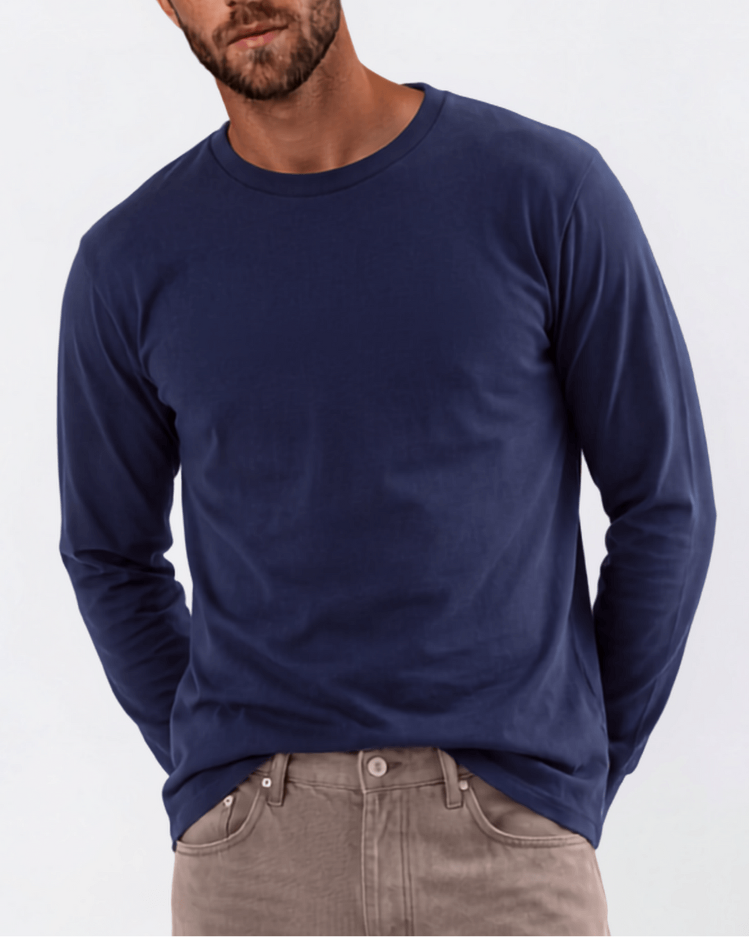 Men's long sleeve crew neck tee made in USA with 100% pre-shrunk cotton. Available in Black, White & Navy. Medium weight, ribbed cuff.