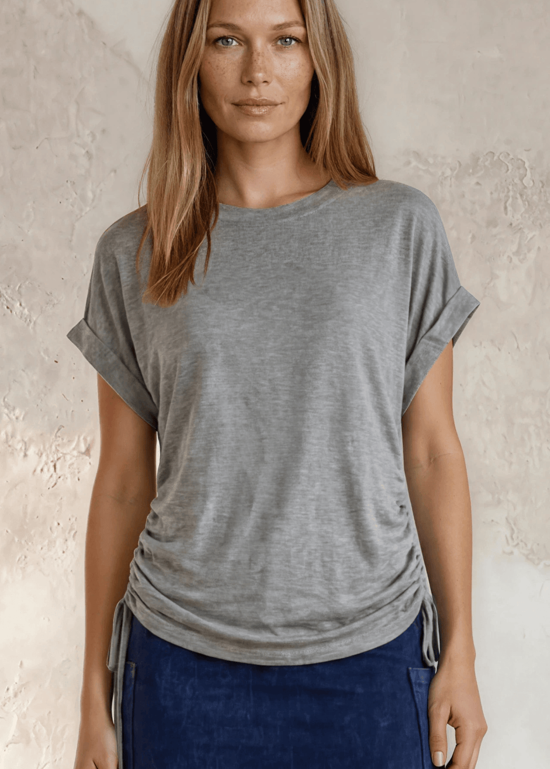 Women's Heather Gray Ruched Side Shirt with adjustable tie — soft rayon blend, relaxed fit, lightweight & made in the USA. A versatile wardrobe essential.