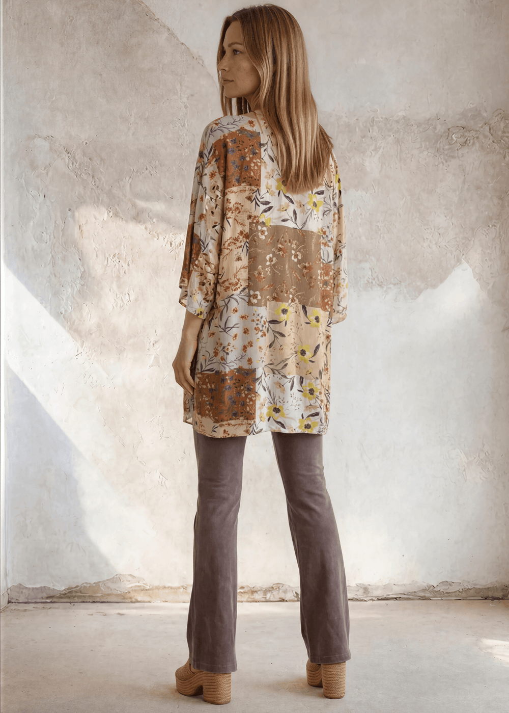 Women's Floral Patchwork Kimono Cardigan — open front, semi-sheer, lightweight rayon. Perfect swim cover-up & resort layer. Boho style, made in the USA.