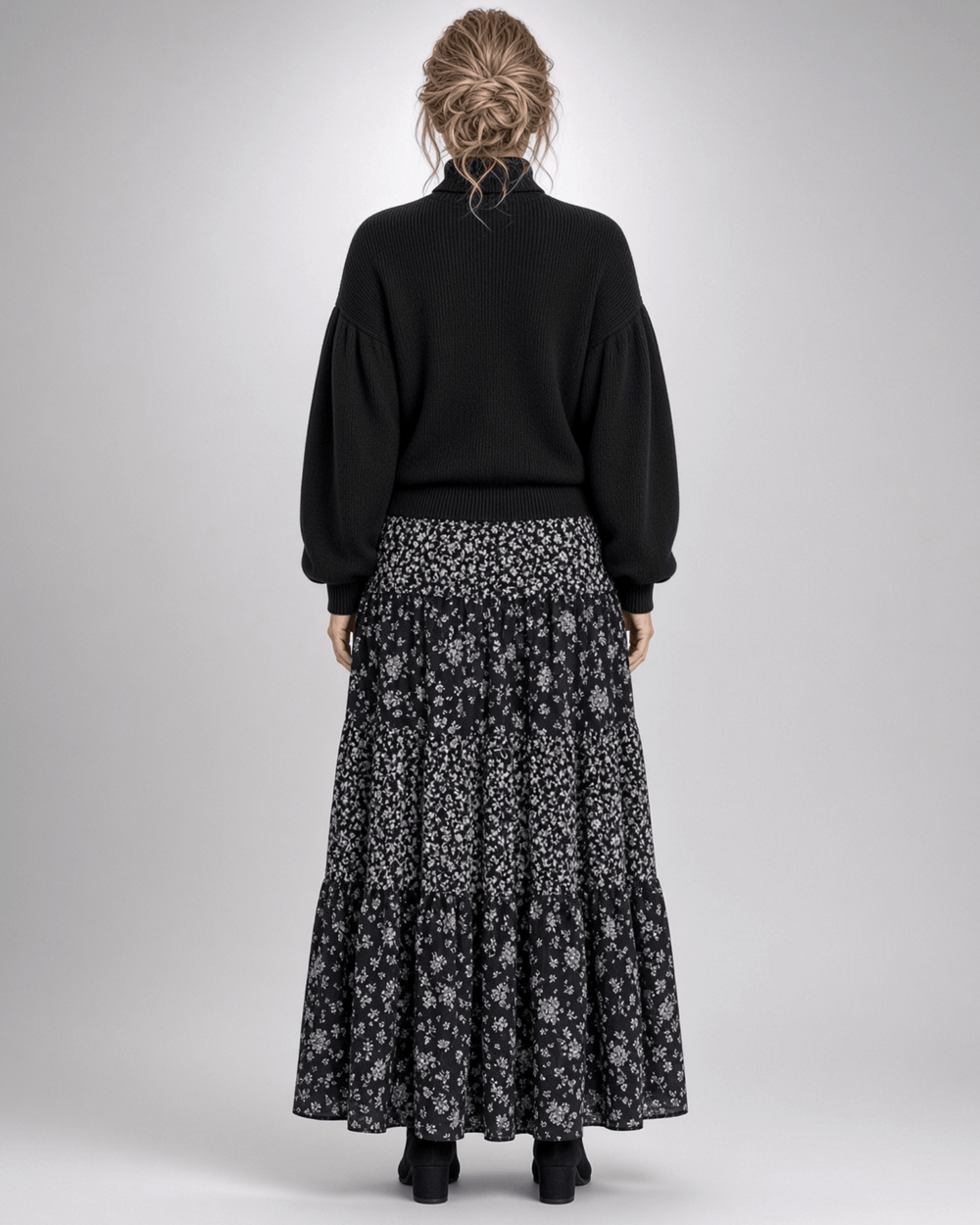 Made in USA Women's Black and White Elastic Waist Floral Tiered Flowy Maxi Skirt with pockets Soft, 100% Rayon, Style SS1223A | Classy Cozy Cool Made in America Boutique