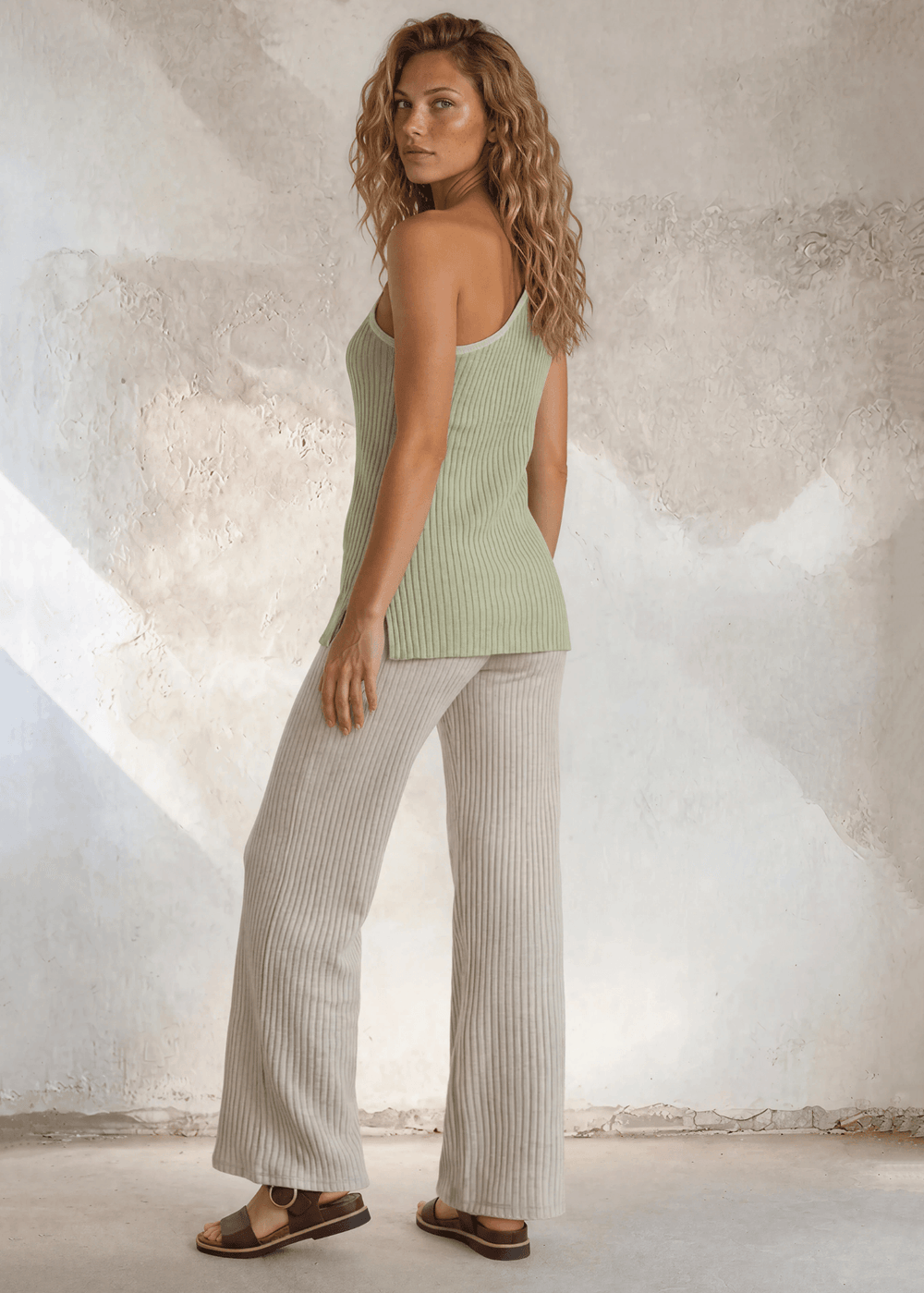 Women's Color Block Ribbed One-Shoulder Top & Pant Matching Set — soft cotton blend, stretchy, lightweight. Casual chic & made in the USA.