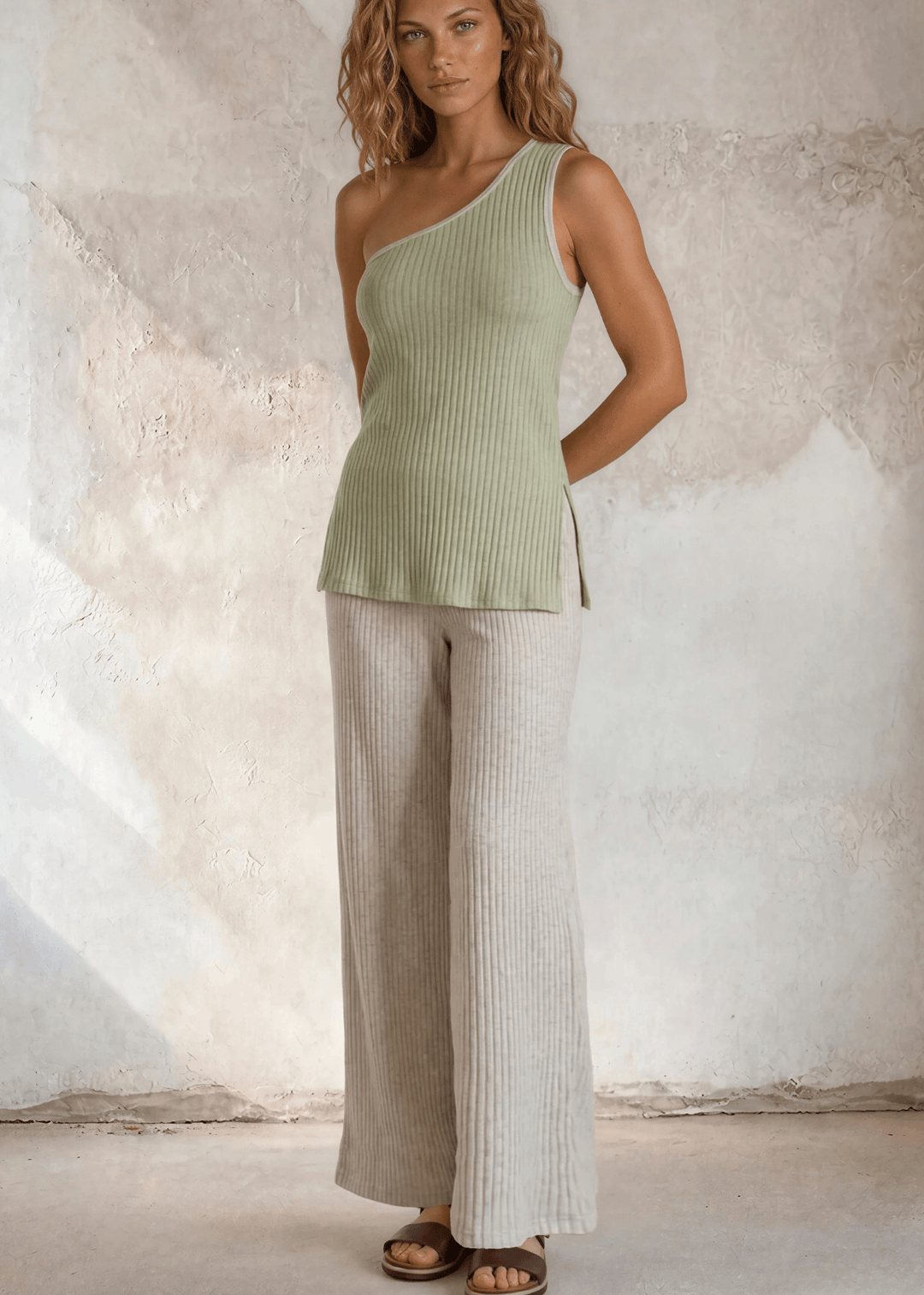 Women's Color Block Ribbed One-Shoulder Top & Pant Matching Set — soft cotton blend, stretchy, lightweight. Casual chic & made in the USA.