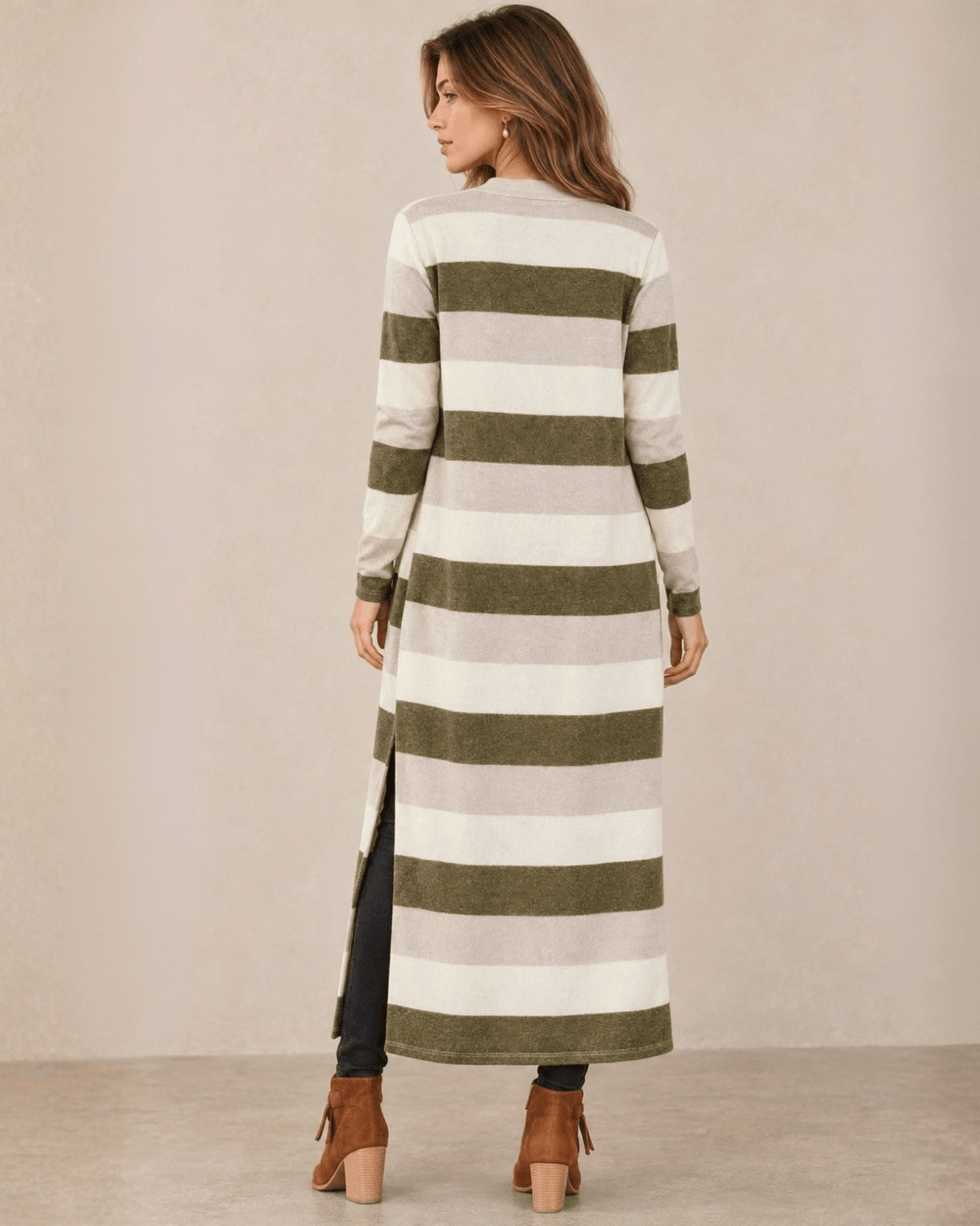 Made in USA. Women's Super Soft Lilian olive striped longline cardigan with an open front, long sleeves, patch pockets and side slits for easy everyday layering.