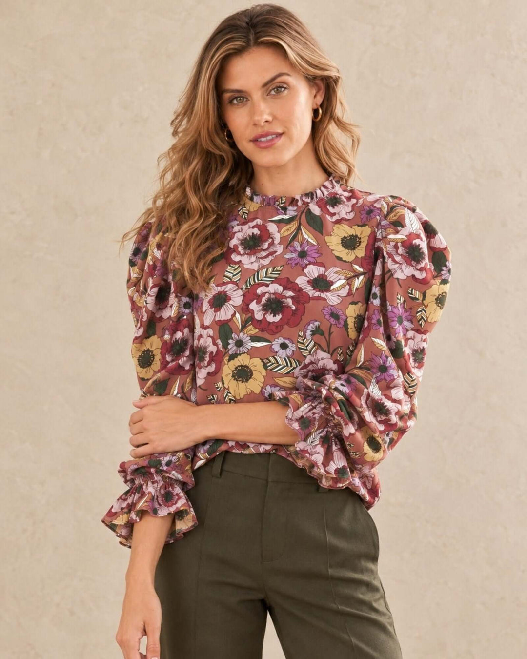 Made in USA Veronica Vintage Floral Puff Sleeve Blouse: front view of rust floral print with olive trousers