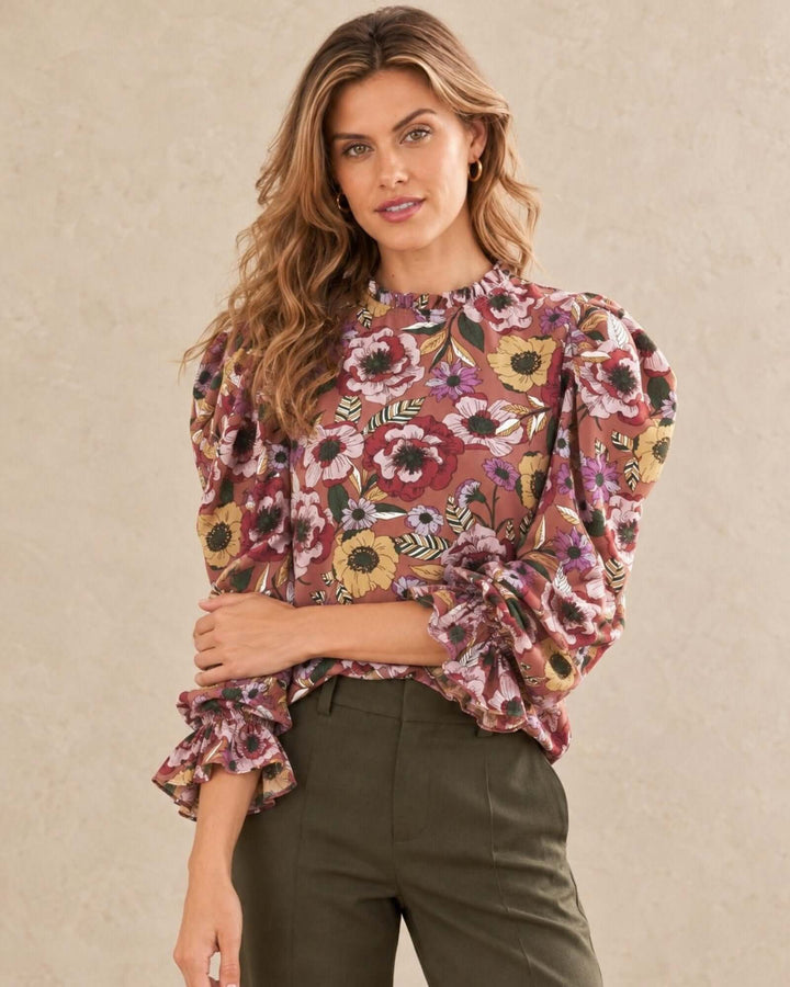 Made in USA Veronica Vintage Floral Puff Sleeve Blouse: front view of rust floral print with olive trousers