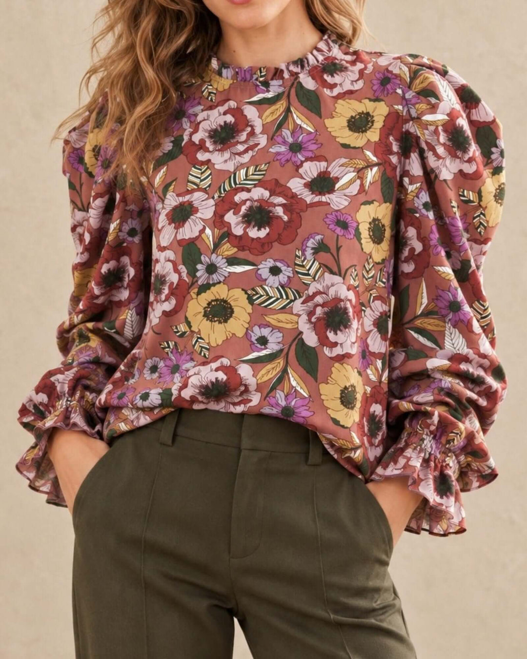 Made in USA Veronica Vintage Floral Puff Sleeve Blouse: close-up of floral print, ruffle neck and smocked cuffs