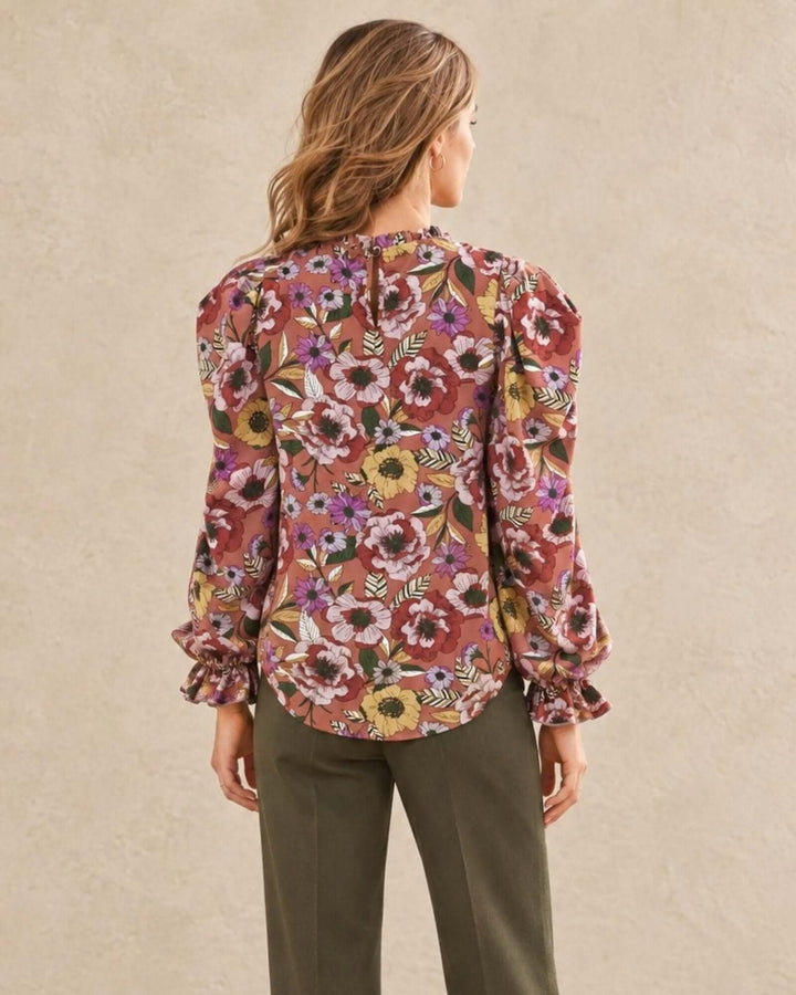 Made in USA Veronica Vintage Floral Puff Sleeve Blouse: back view showing puff sleeves and keyhole closure