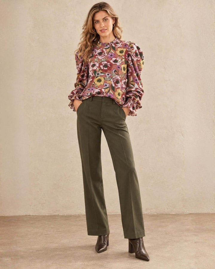 Made in USA Veronica Vintage Floral Puff Sleeve Blouse: full-length front view with wide olive trousers