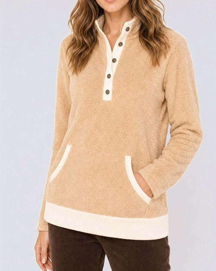 Made in USA Cuddle Sherpa Snap-button Pullover: close-up front of camel sherpa, cream trim and kangaroo pocket