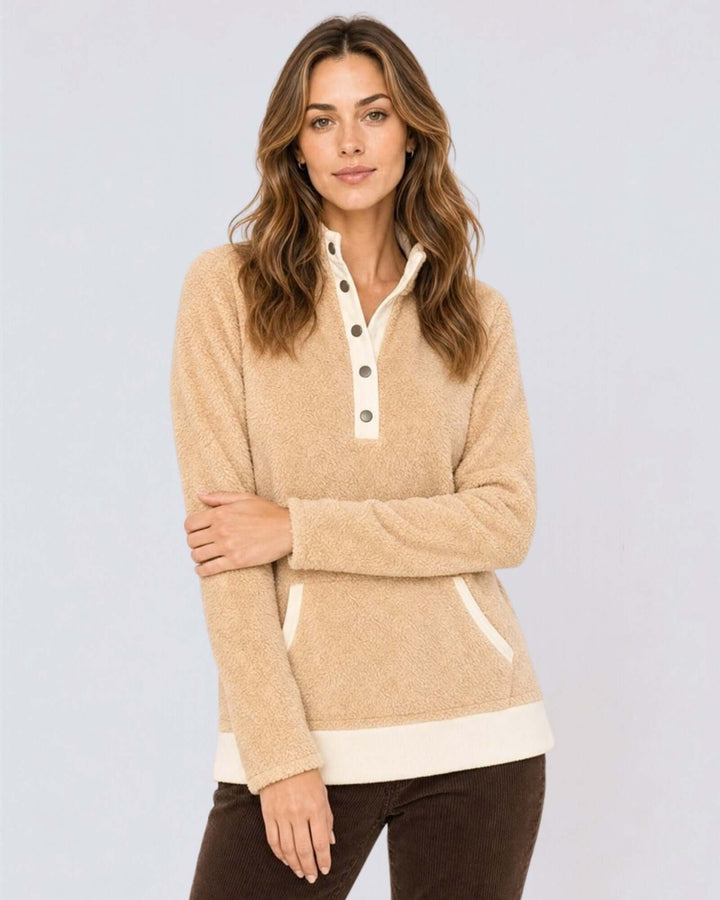 Made in USA Cuddle Sherpa Snap-button Pullover: front view with arm across waist, snap buttons visible