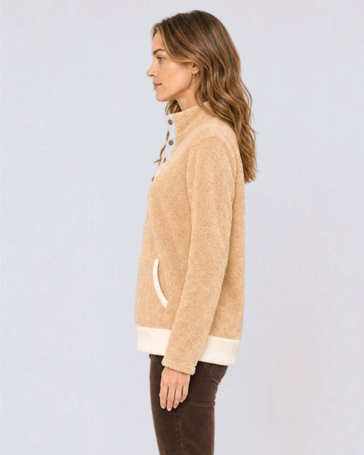 Made in USA Cuddle Sherpa Snap-button Pullover: side profile showing stand collar and relaxed fit