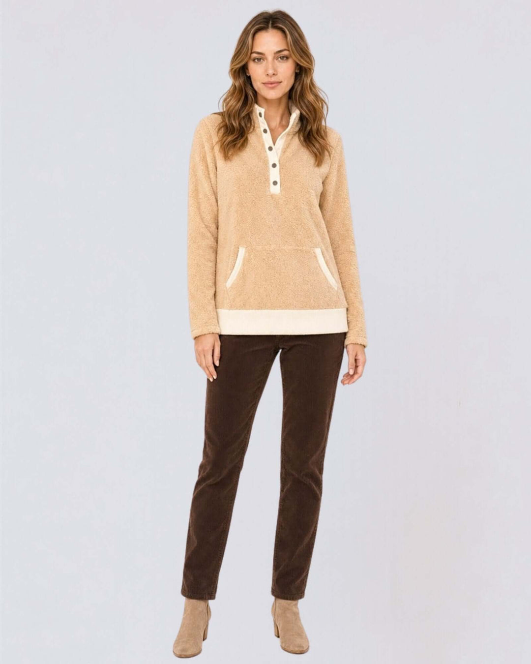 Made in USA Cuddle Sherpa Snap-button Pullover: full-length view with brown pants and tan boots