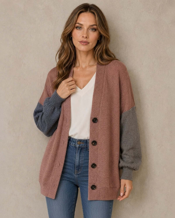 Made in USA Katie Color Block Cardigan: front view of rose button cardigan with gray and blue sleeves over white tee