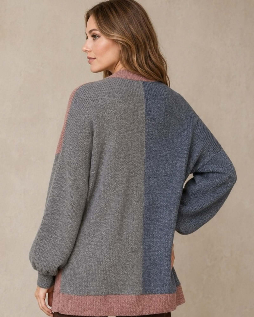 Made in USA Katie Color Block Cardigan: back view showing gray and denim blue color block panels