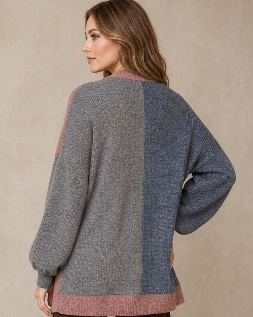 Made in USA Katie Color Block Cardigan: back view showing gray and denim blue color block panels
