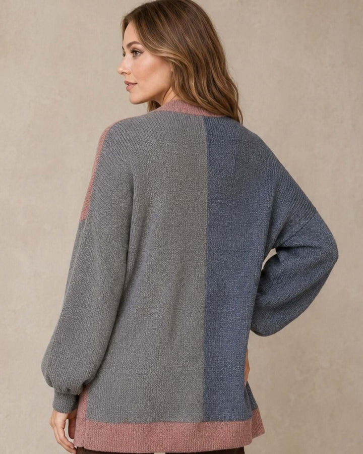 Made in USA Katie Color Block Cardigan: back view showing gray and denim blue color block panels