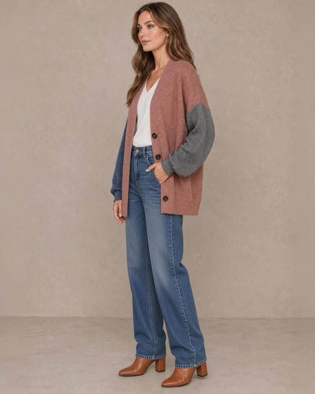 Made in USA Katie Color Block Cardigan: full-length side view with wide leg jeans and brown boots