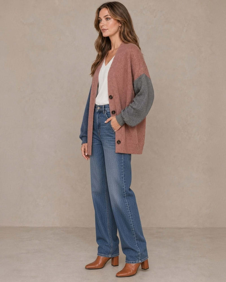 Made in USA Katie Color Block Cardigan: full-length side view with wide leg jeans and brown boots