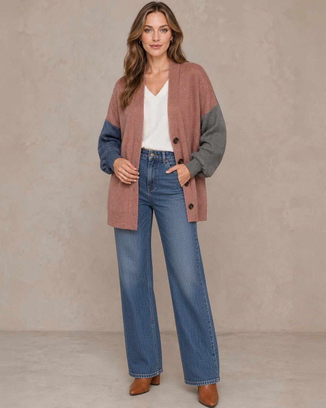 Made in USA Katie Color Block Cardigan: full-length front view worn open with jeans and ankle boots