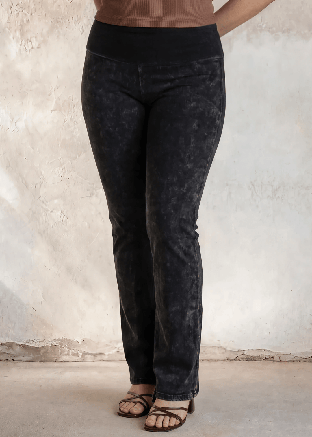 USA Made | Black Denim Women's Plus Size Bootcut Cotton Stretch Jeggings Fold Over Waist  | Style C30136 | Classy Cozy Cool Made in America Clothing Boutique