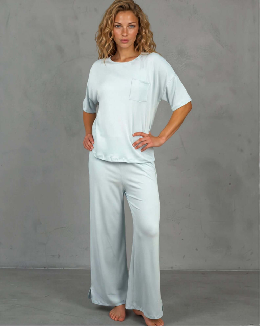 Sunday Chic Women's Lounge Set: Light Blue Ribbed Soft Loungewear Set | Wide Leg Pants & Short Sleeve Tee with Front Pocket | Made in USA