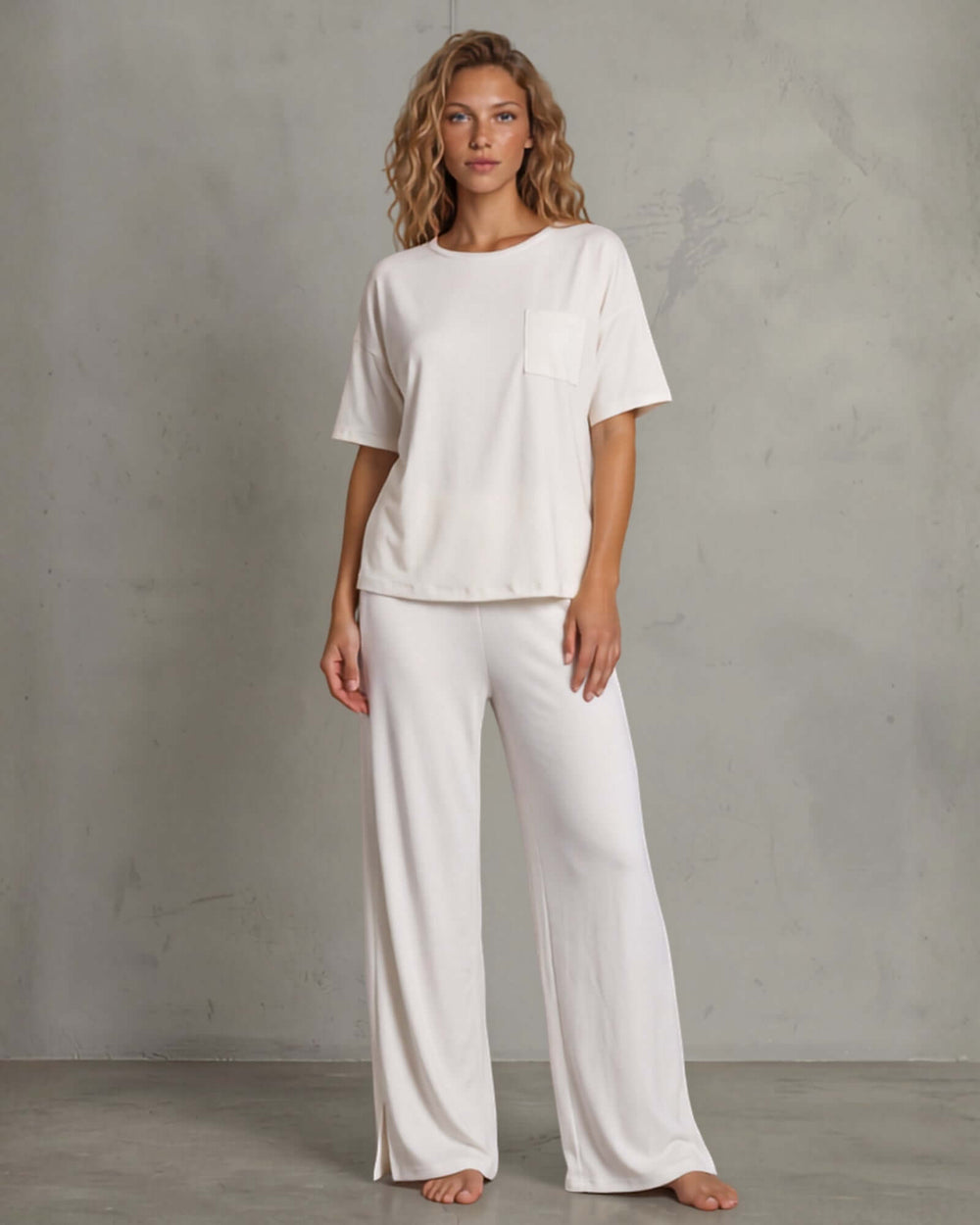 Sunday Chic Women's Lounge Set: White Ribbed Soft Loungewear Set | Wide Leg Pants & Short Sleeve Tee with Front Pocket | Made in USA