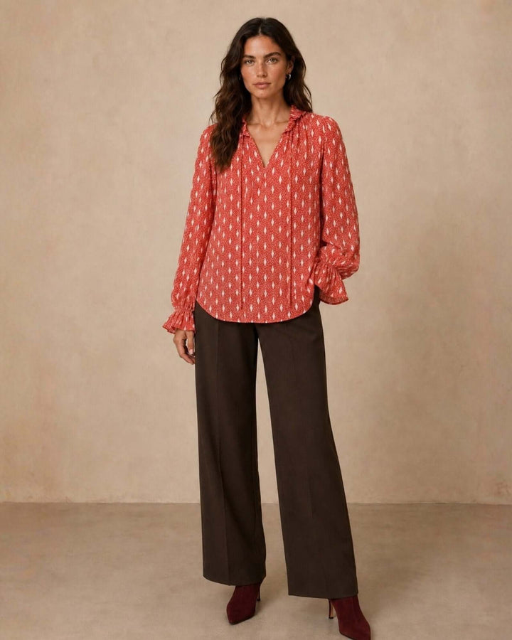 Made in USA Radiant Ruffle Neck Foil Print Blouse - Red: full-length front view with wide pants and red heels