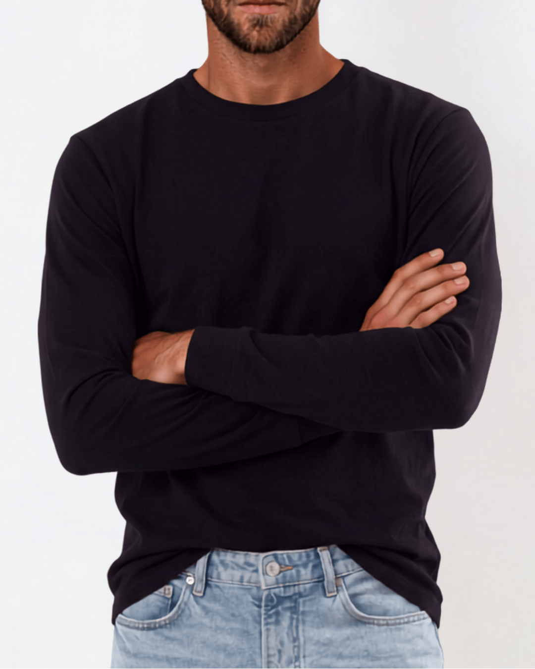 Men's long sleeve crew neck tee made in USA with 100% pre-shrunk cotton. Available in Black, White & Navy. Medium weight, ribbed cuff.