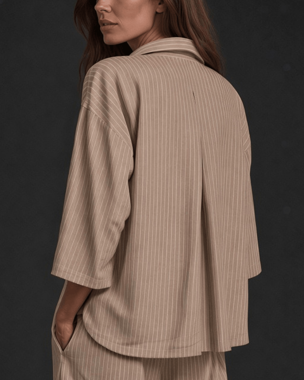 Made in USA Women's Avery boxy oversized pinstripe button-down top in taupe. Half sleeves, longer back hem, 85% rayon 15% linen. Sizes S–L.