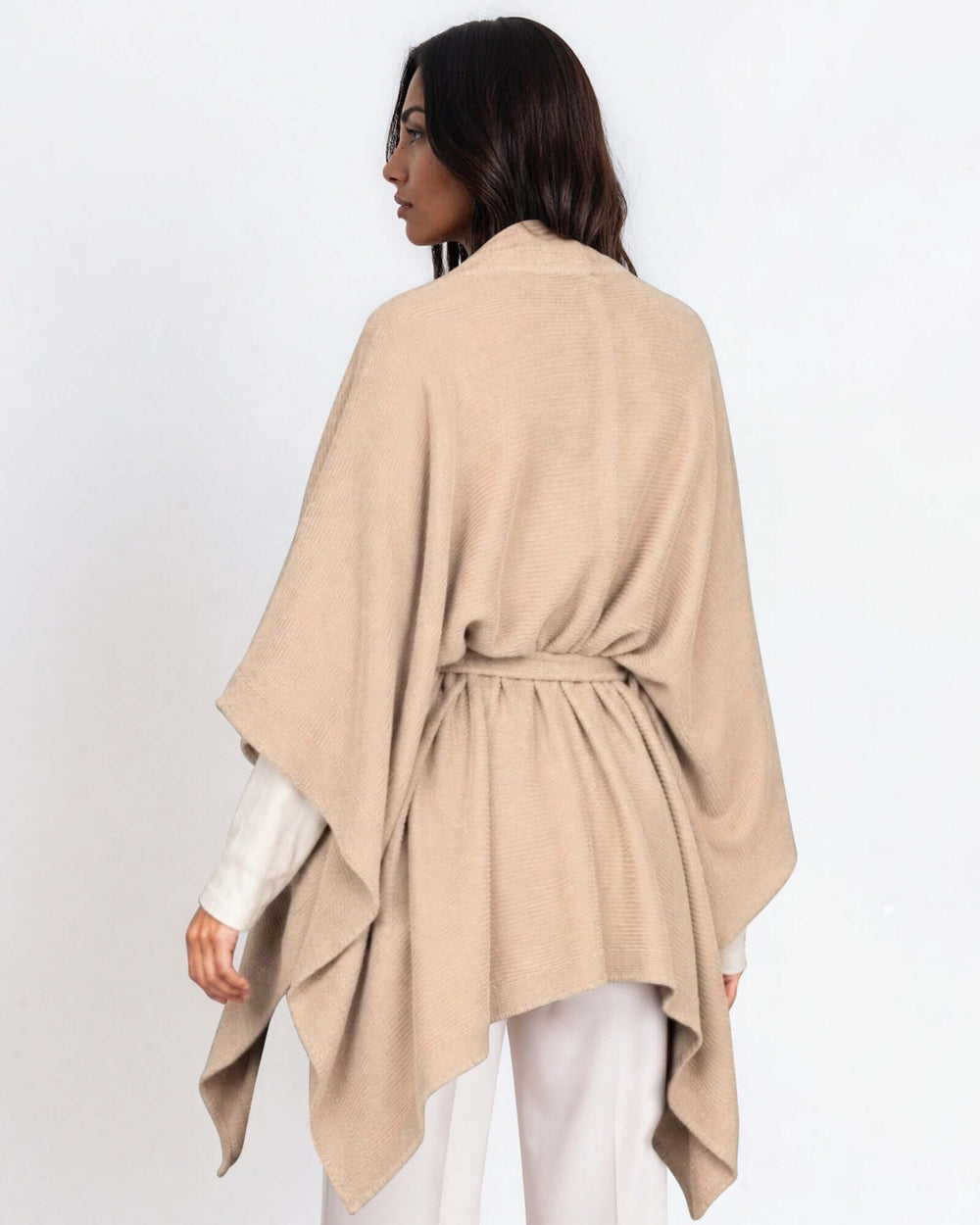 Made in USA women's butter taupe knit tie front poncho, back view