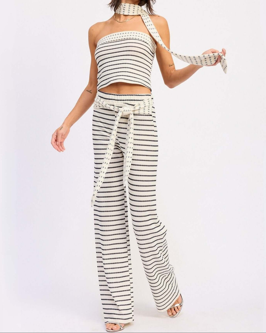 Made in USA women's ivory and black striped jacquard tube top and wide-leg pant set with matching scarf, full length view