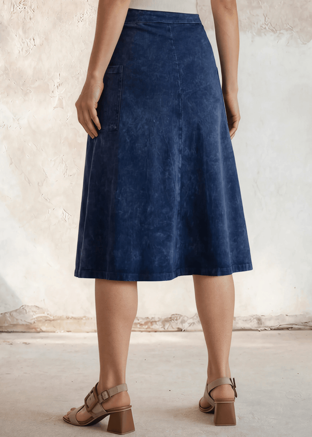 Made in USA Women's All Season Versatile Mineral Washed Cotton Stretch Midi Skirt, Side Patch Pockets, High Waist, Comfortable & Soft 4 Way stretch in Dark Denim | Classy Cozy Cool Made in America Boutique