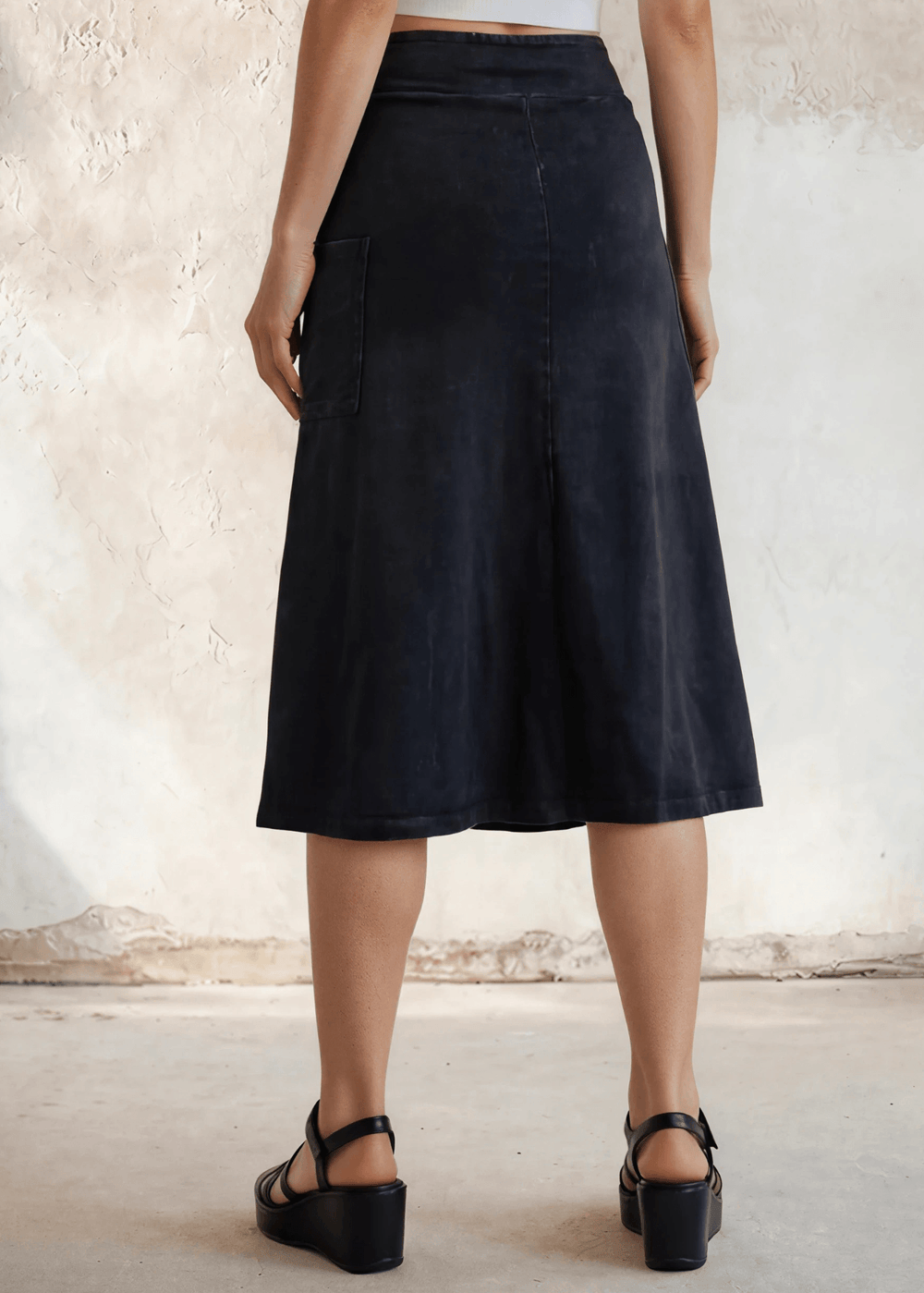 Made in USA Women's All Season Versatile Mineral Washed Cotton Stretch Midi Skirt, Side Patch Pockets, High Waist, Comfortable & Soft 4 Way stretch in Black Denim | Classy Cozy Cool Made in America Boutique