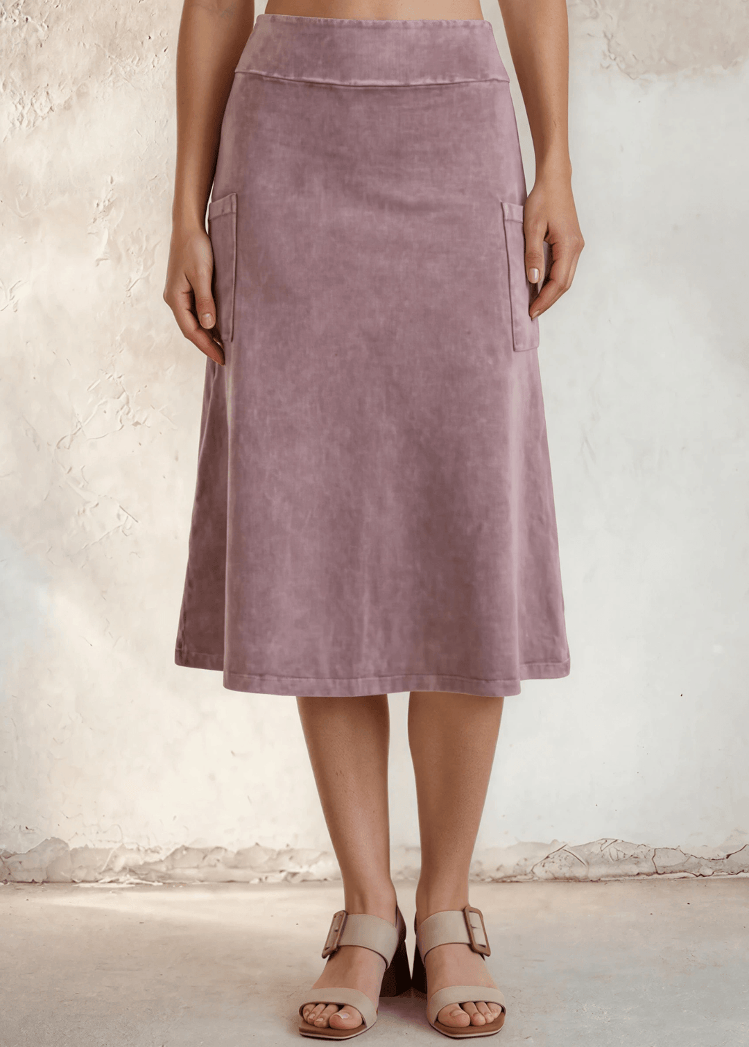 Made in USA Women's All Season Versatile Mineral Washed Cotton Stretch Midi Skirt, Side Patch Pockets, High Waist, Comfortable & Soft 4 Way stretch in Pink Denim | Classy Cozy Cool Made in America Boutique